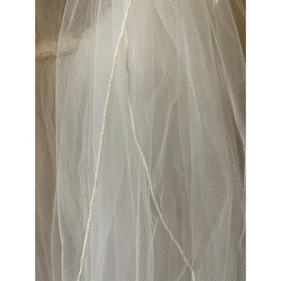 Vintage 1990s Beaded Bridal Headband Veil Cream Tulle Two Tier Mid Length - Picture 5 of 16